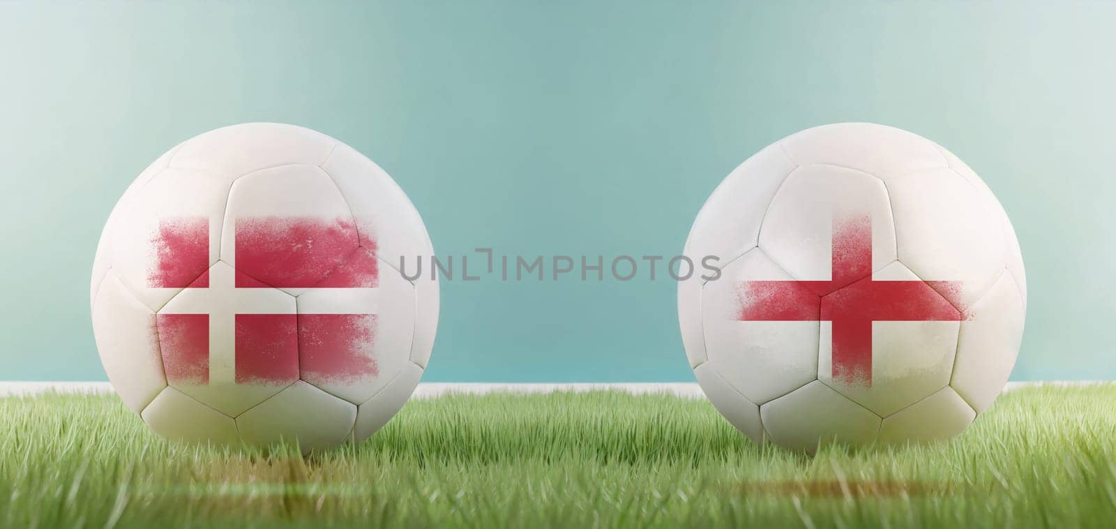 Denmark vs England football match infographic template for Euro 2024 matchday scoreline announcement. Two soccer balls with country flags placed against each other on the green grass with copy space