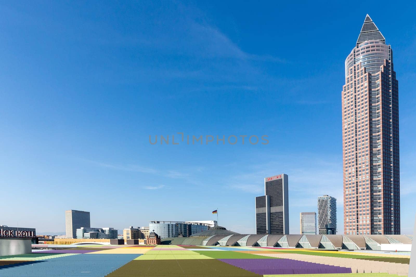 Frankfurt, Germany - March 3, 2023: skyline of Frankfurt with its skyscraper seen from platform of skyline plaza.