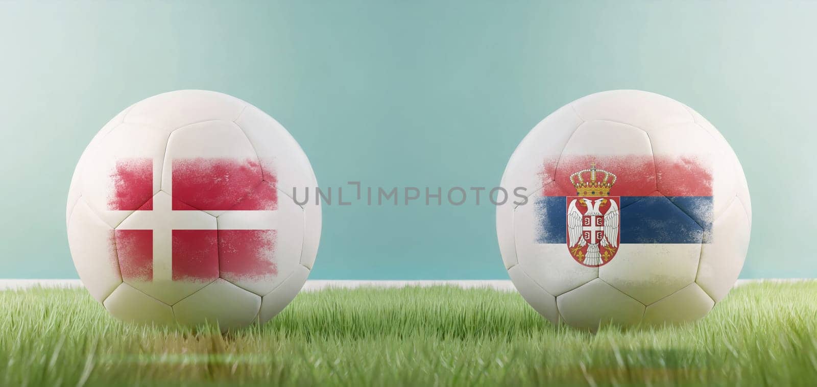 Denmark vs Serbia football match infographic template for Euro 2024 matchday scoreline announcement. Two soccer balls with country flags placed against each other on the green grass with copy space