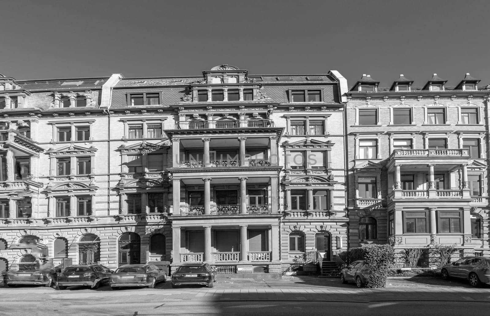 Wiesbaden, Germany - March 1, 2023: old historic facade of 19th century houses at the Wilhelm street in Wiesbaden.