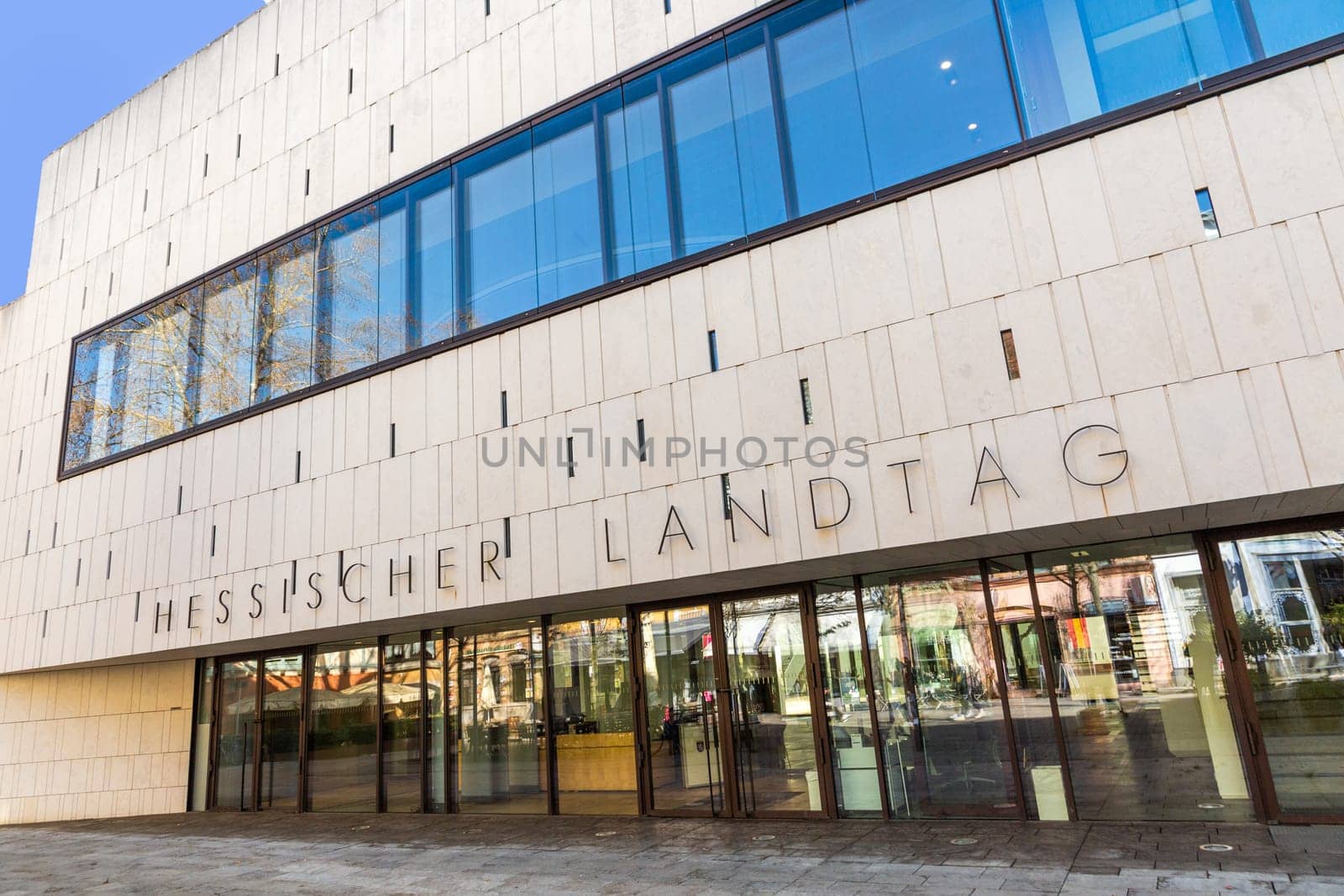 Wiesbaden, Germany - March 2, 2023: facade of modern building of the Hesse Parliament - hessischer Landtag - in Wiesbaden.