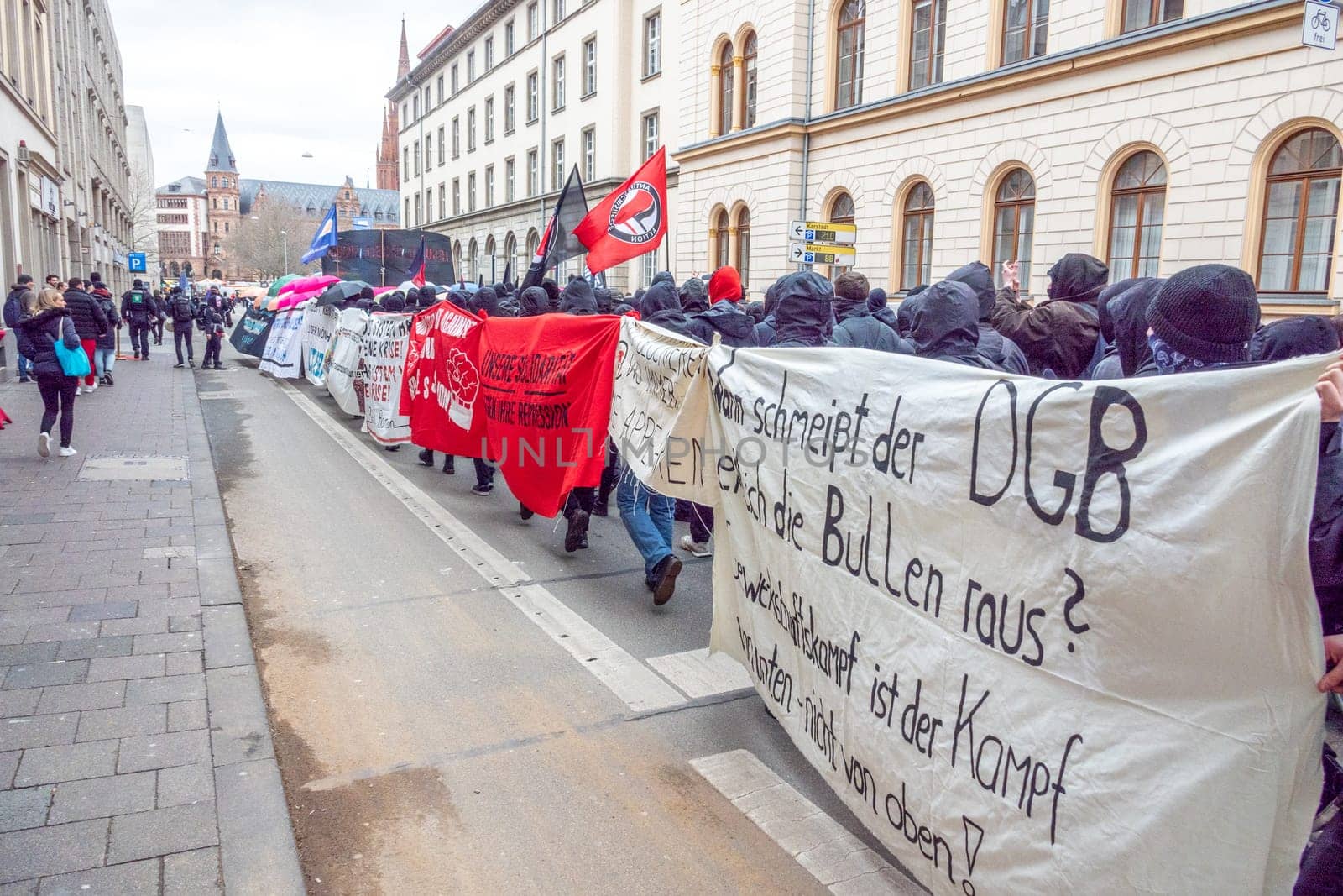 Wiesbaden, Germany - March 11, 2023: people demonstrate for change of the Versammlungsgesetz - eng. assembly law - in Wiesbaden, Germany. Politics will sharpen the law and protestants are against the sharpening.