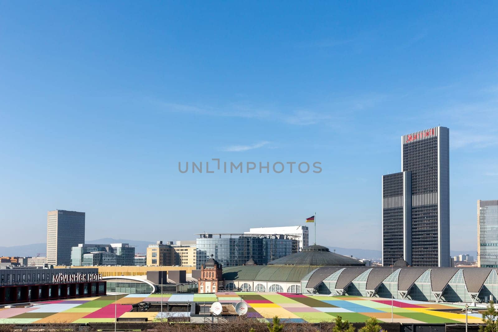 Frankfurt, Germany - March 3, 2023: skyline of Frankfurt with its skyscraper seen from platform of skyline plaza.
