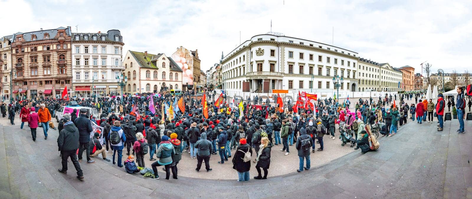 Wiesbaden, Germany - March 11, 2023: people demonstrate for change of the Versammlungsgesetz - eng. assembly law - in Wiesbaden, Germany. Politics will sharpen the law and protestants are against the sharpening.
