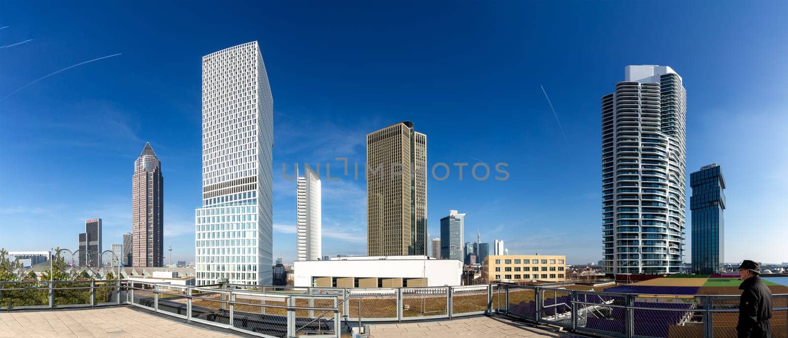 Frankfurt, Germany - March 3, 2023: skyline of Frankfurt with its skyscraper seen from platform of skyline plaza.