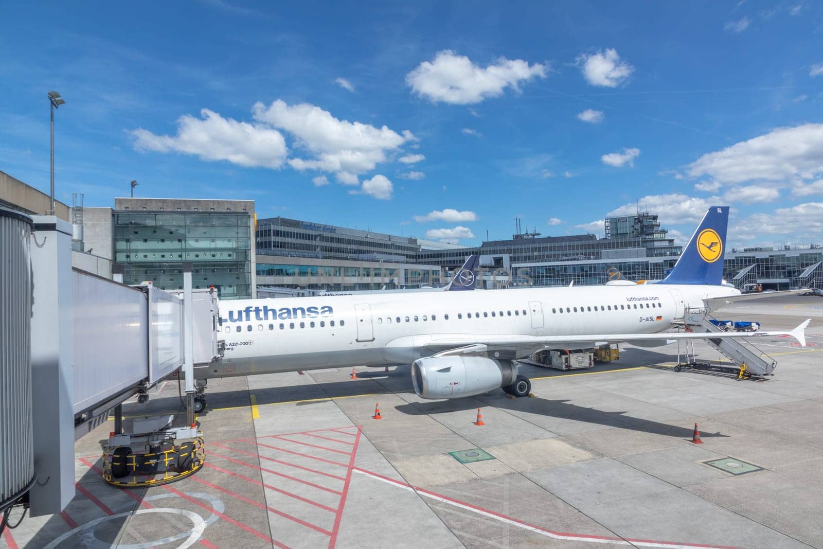 Frankfurt, Germany - April 30, 2023: Lufthansa airbus aircraft at the gate of Terminal 1, the Lufthansa and star alliance terminal.