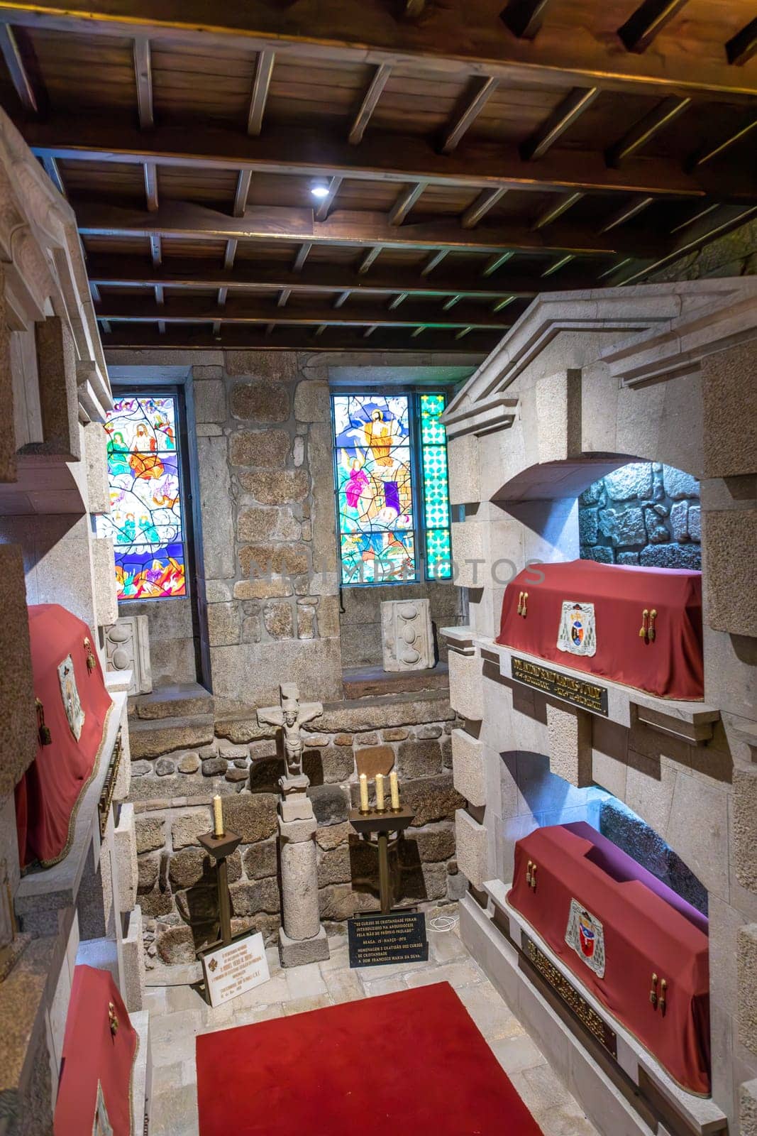 Braga, Portugal - May 1, 2023: tomb with coffin of former arch. bishops in the church in Braga, Portugal