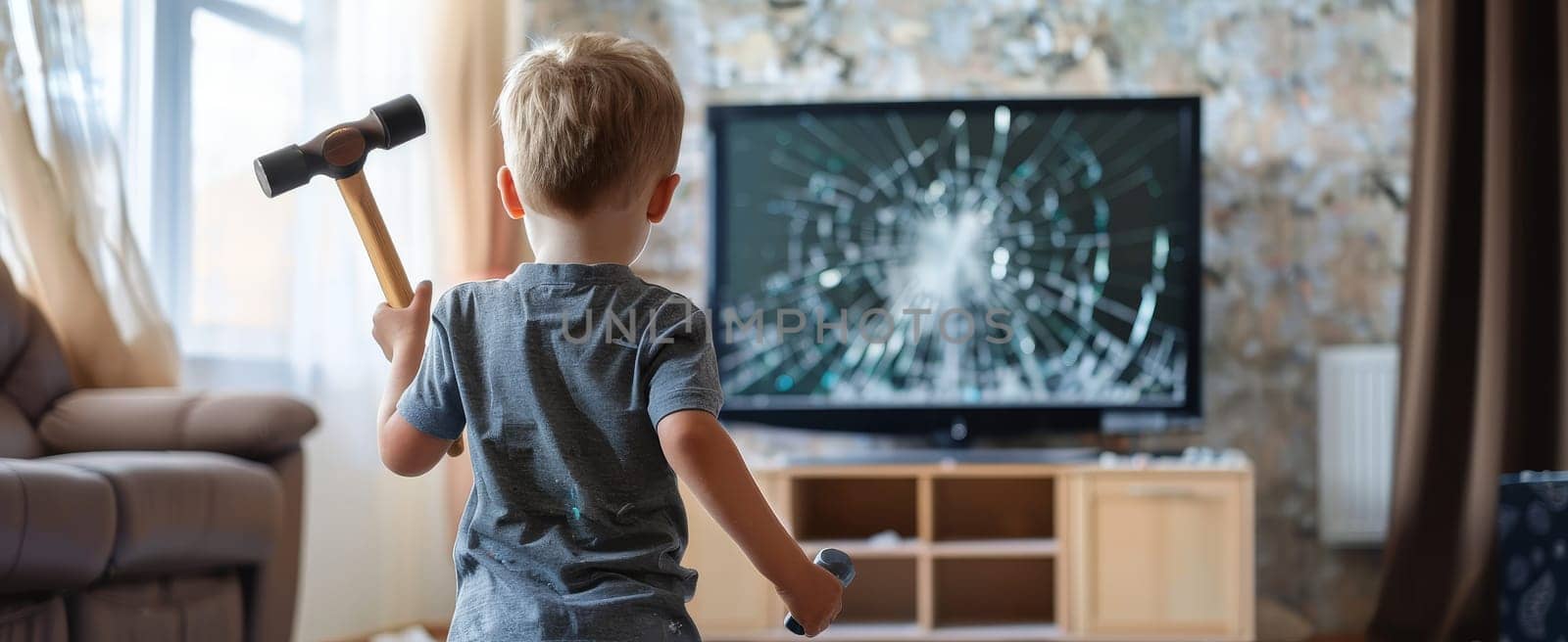 A young boy stands holding a hammer, with a cracked television screen before him. The image depicts a youthful error with a backdrop of domestic serenity