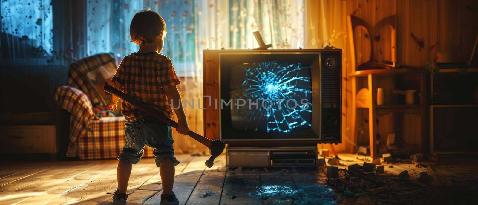 A small child with a hammer surveys a broken TV in a room bathed in twilight. The dramatic lighting casts shadows, emphasizing the gravity of the mishap