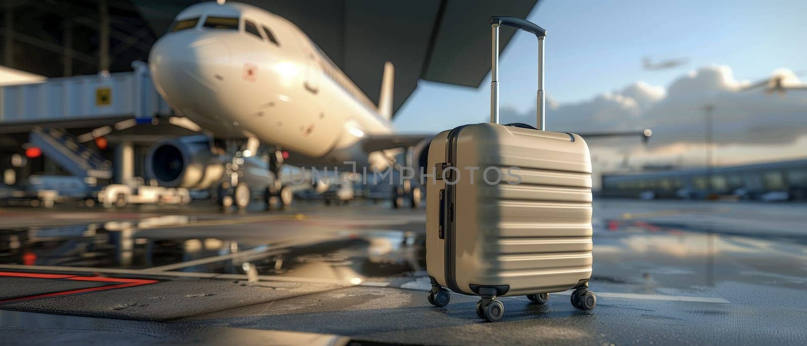A suitcase awaits its owner's journey at the airport, with the golden hour sun casting a warm glow on an aircraft in the background. It's a moment of travel and possibilities