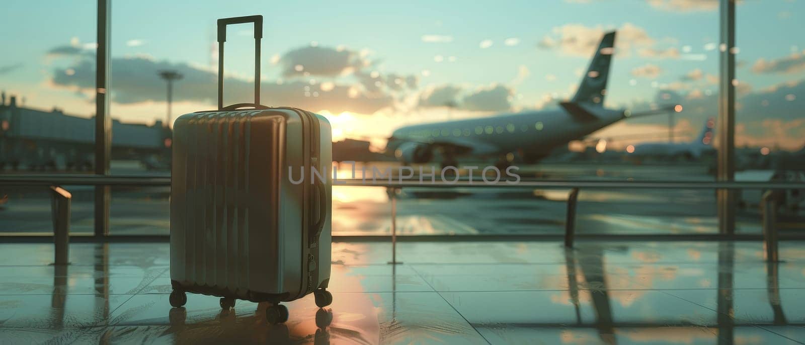 The setting sun reflects on the glossy airport floor, with a suitcase in the foreground and an airplane silhouetted against the vibrant sky. It's a time of transition and expectation