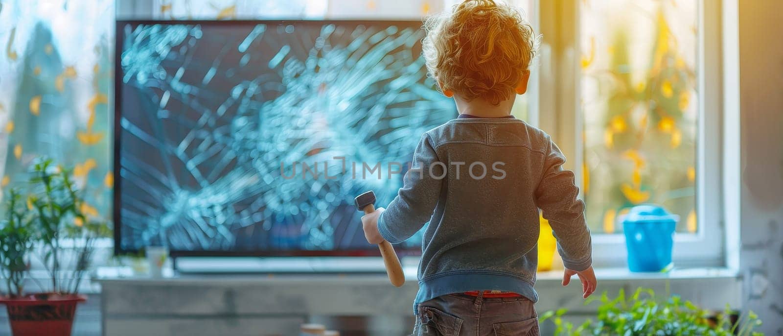 A curly-haired toddler wields a toy hammer, entranced by the shattered screen graphics on the TV. The juxtaposition of child's play and digital effects suggests a story of adventure