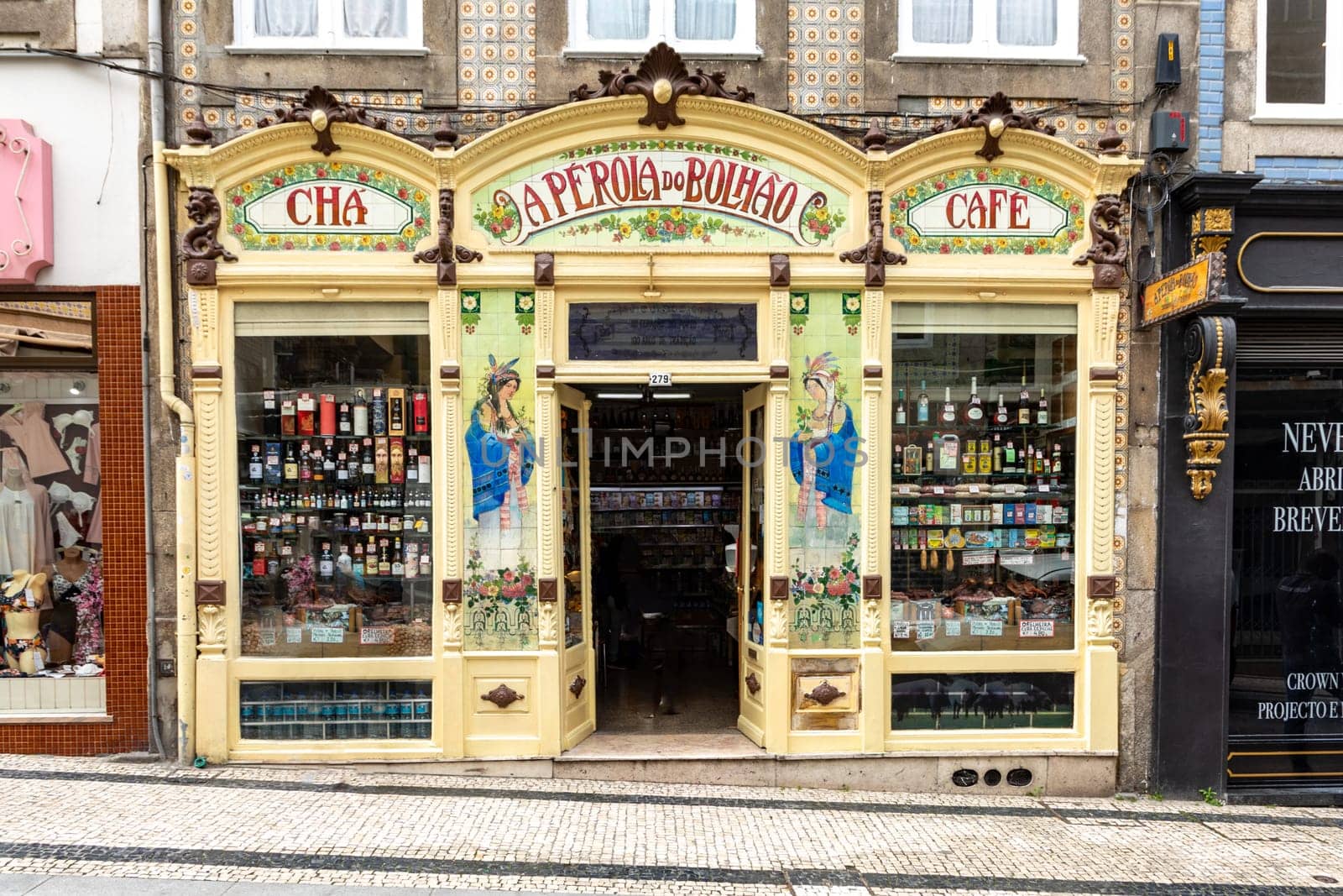 Porto, Portugal - May 4, 2023: Storefront of the Aperola do Bolhao coffee and tea shop