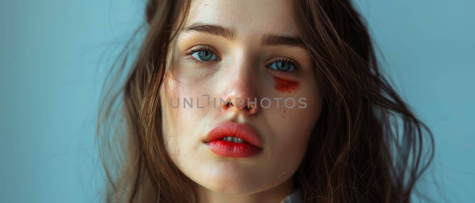 Tear-streaked cheeks and a bruised eye convey a tale of hardship in this close-up of a young woman. Her gaze is downcast yet defiant, lips parted as if to speak