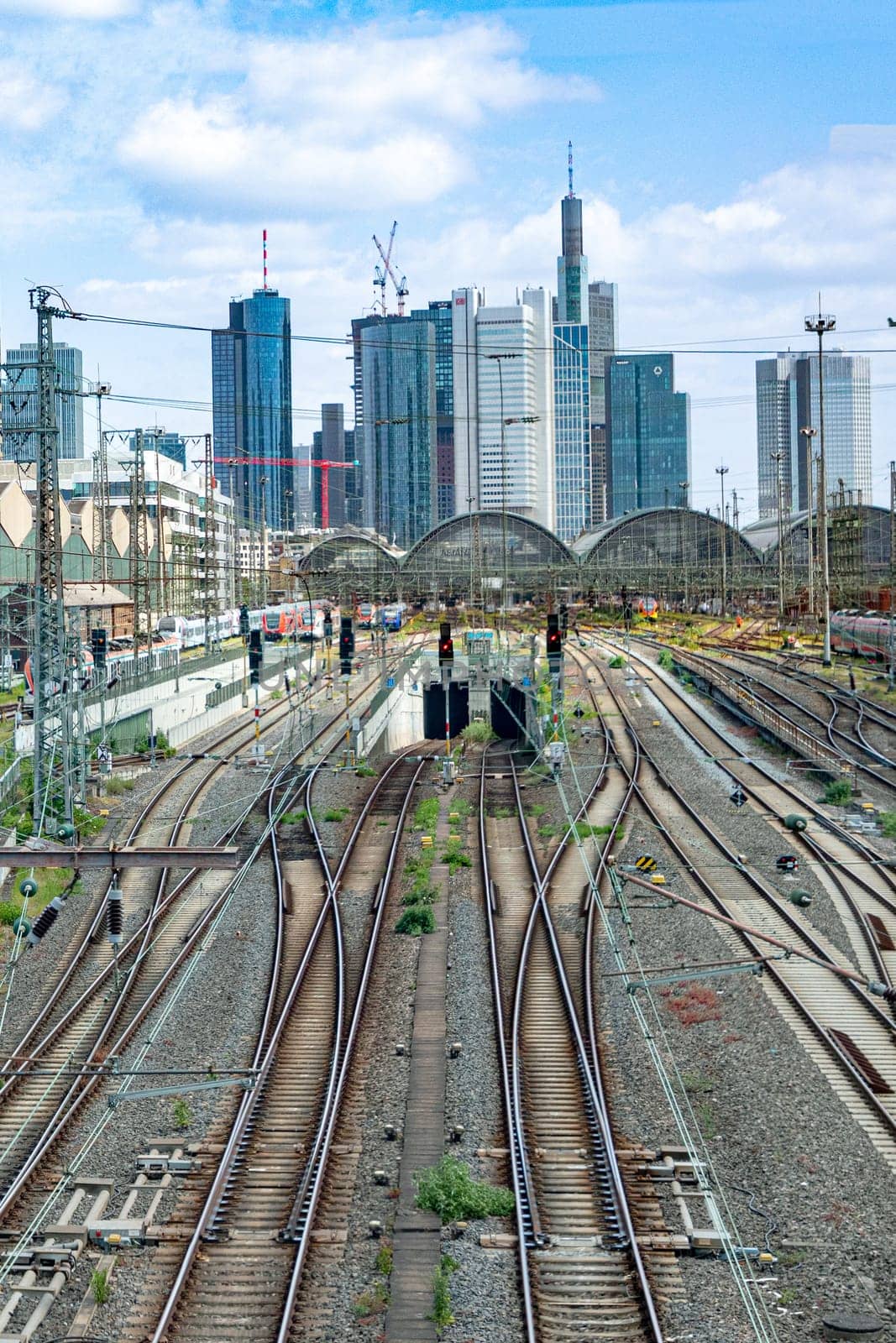 Frankfurt, Germany - May 24, 2023: view to skyline of Frabkfurt when entering the central train station by train.