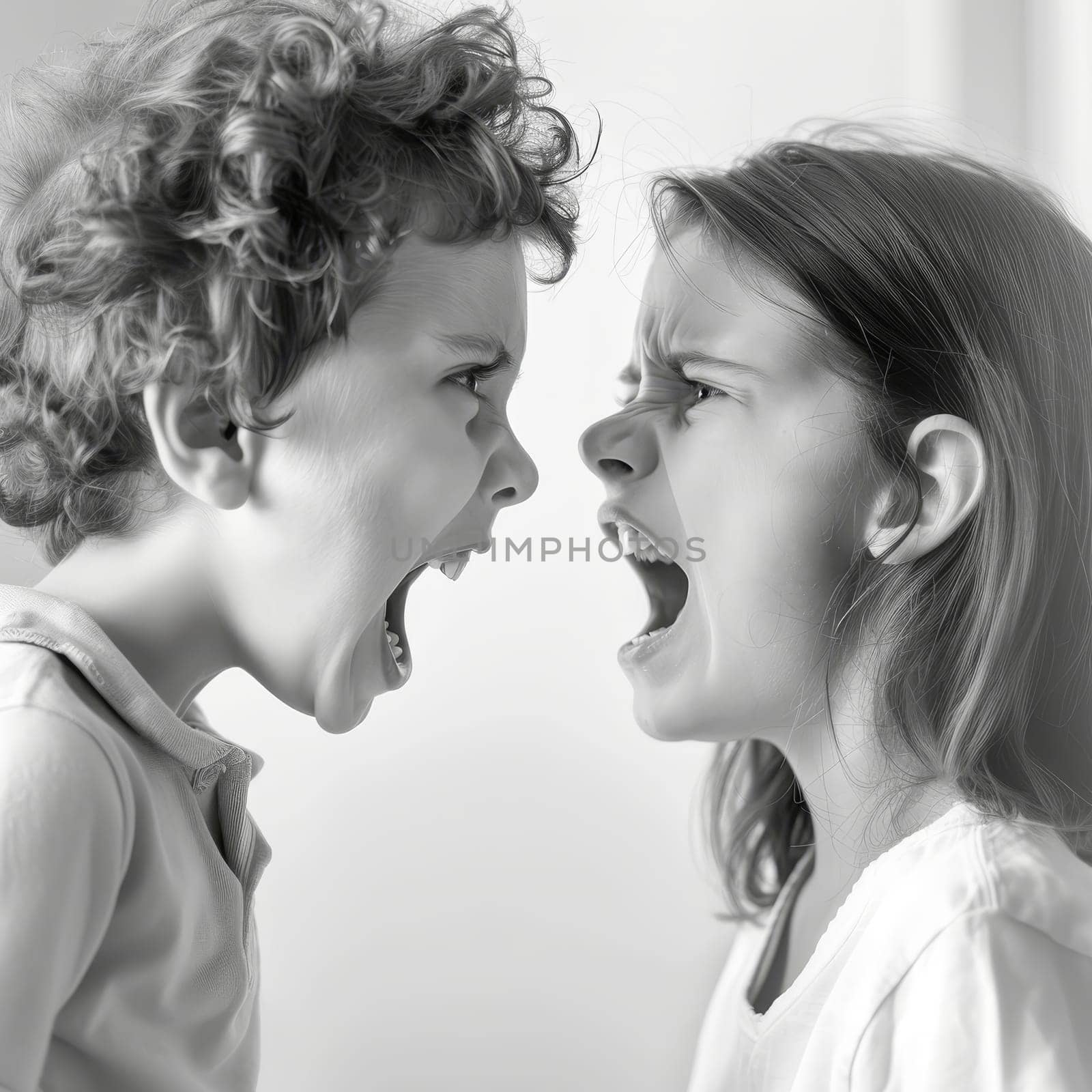 A black and white image captures a child and woman in mid-shout, their faces a tableau of raw emotion and familial tension