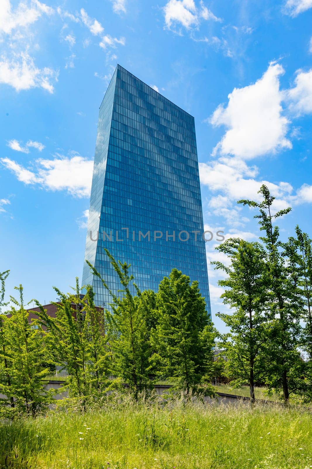 Frankfurt, Germany - May 24, 2023: scenic EcB building, european central bank, at the east harbor area in Frankfurt, Germany.