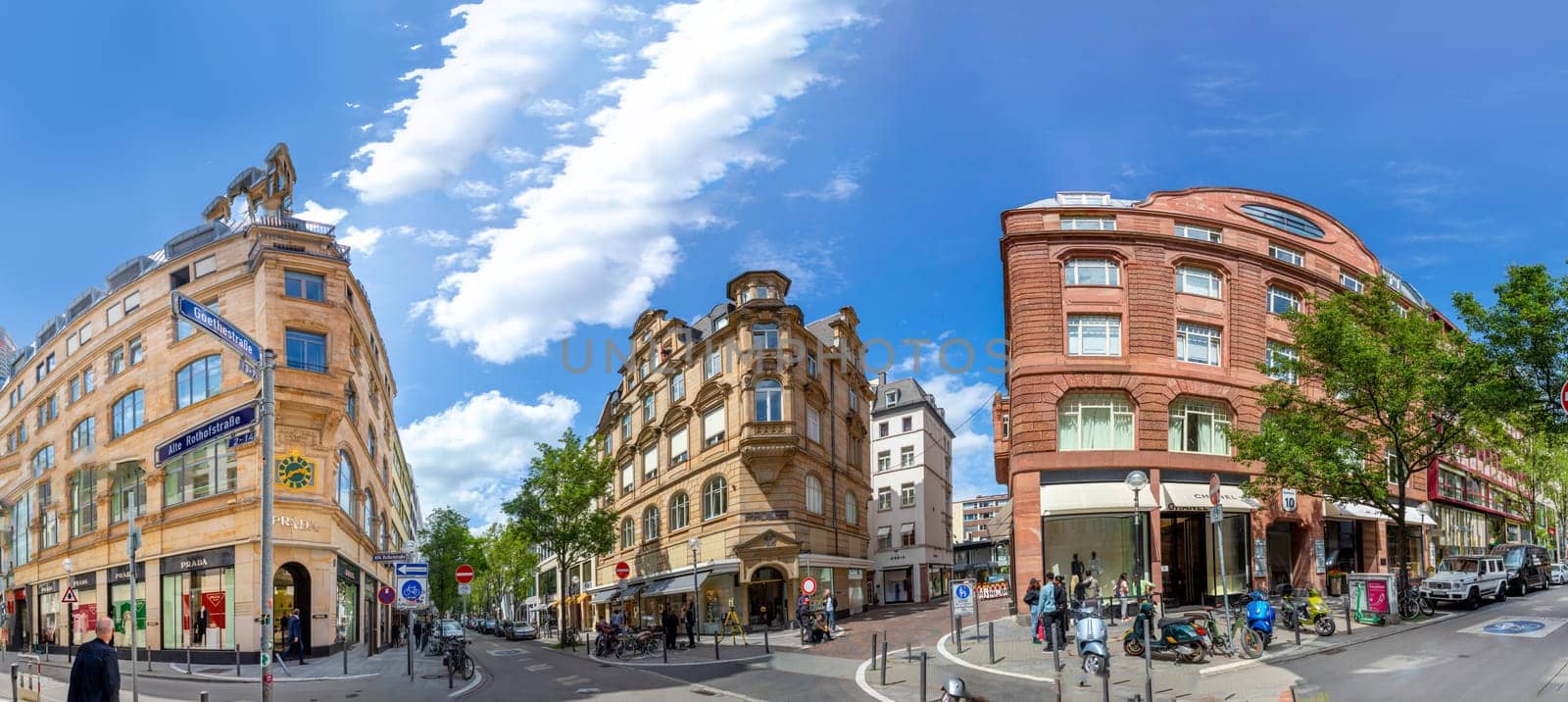 Frankfurt, Germany - May 24, 2023: street corner Goethestrasse, alte Rohlofstrasse with the shops like Prada, Gucci, Chanel and all other luxury brands in the most expensive shopping street in Frankfurt.