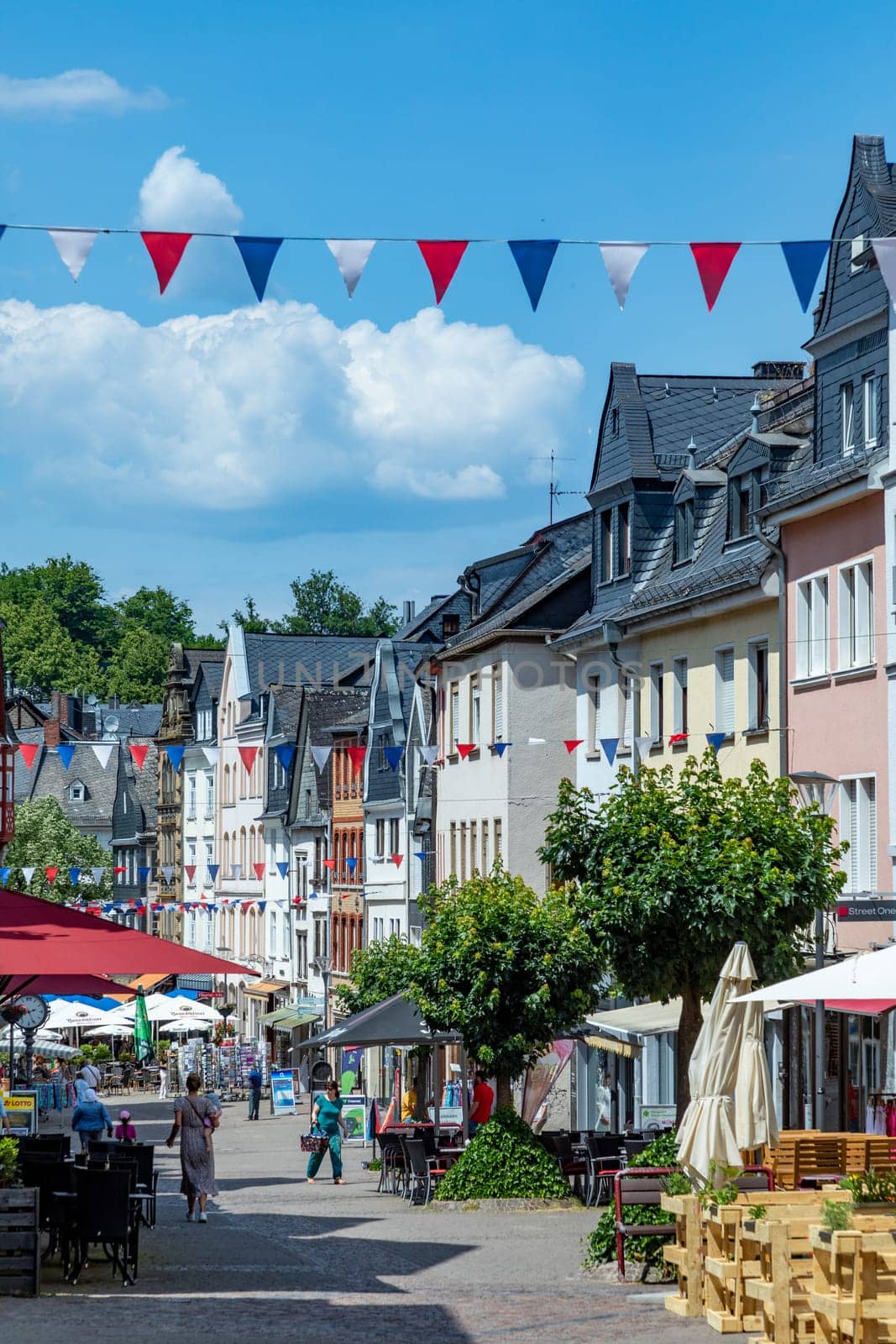 Montabaur, Germany - June 15, 2023: people enjoy visiting old town of Montabaur with lovingly restored half-timbered buildings from the 16th and 17th centuries.
