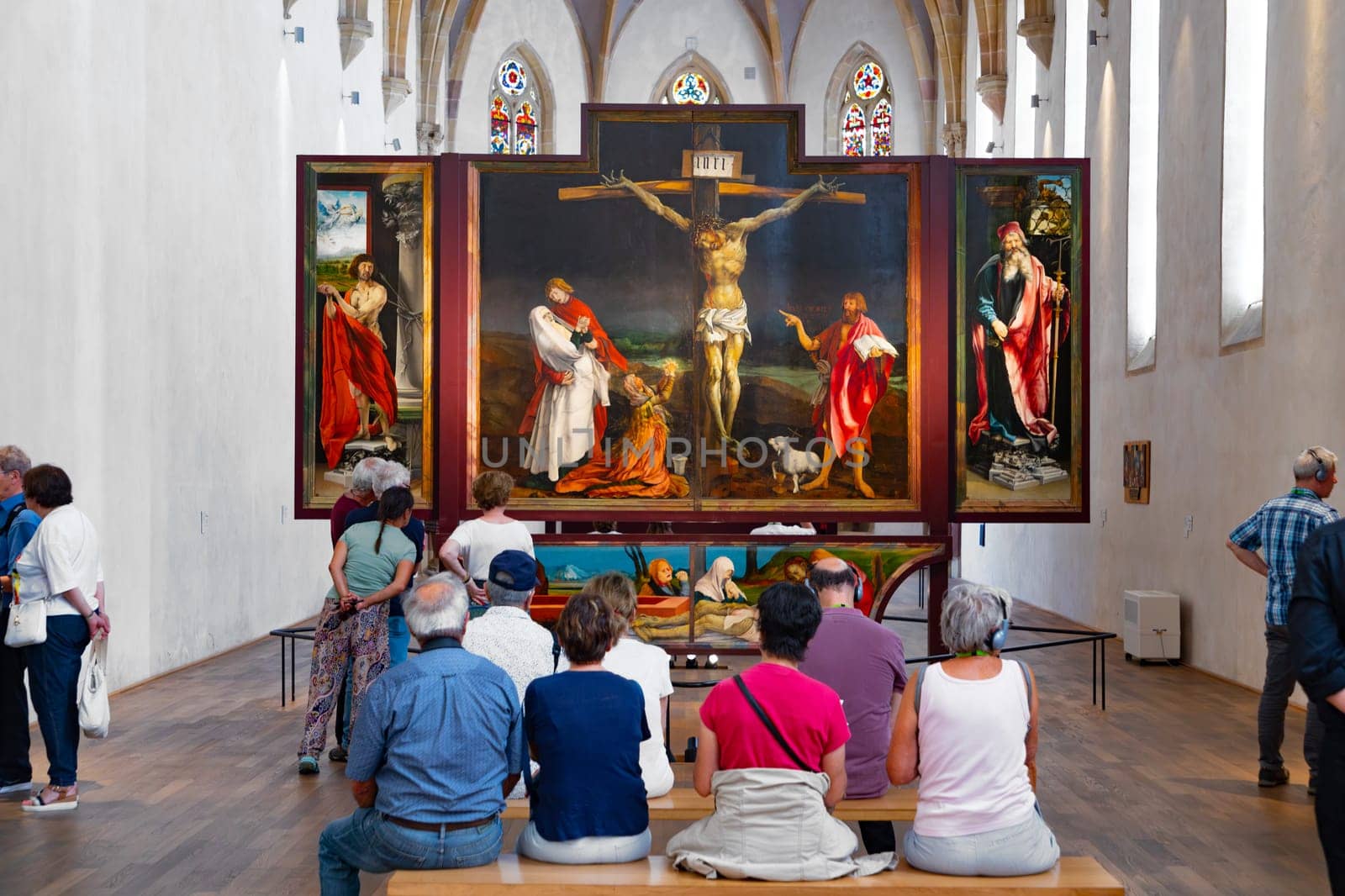 Colmar, France – June 21, 2023: Unterlinden Museum. The Isenheim Altarpiece from sculpture Nikolaus Hagenauer and painter Matthias Gruenewald from 1512 to 1516.