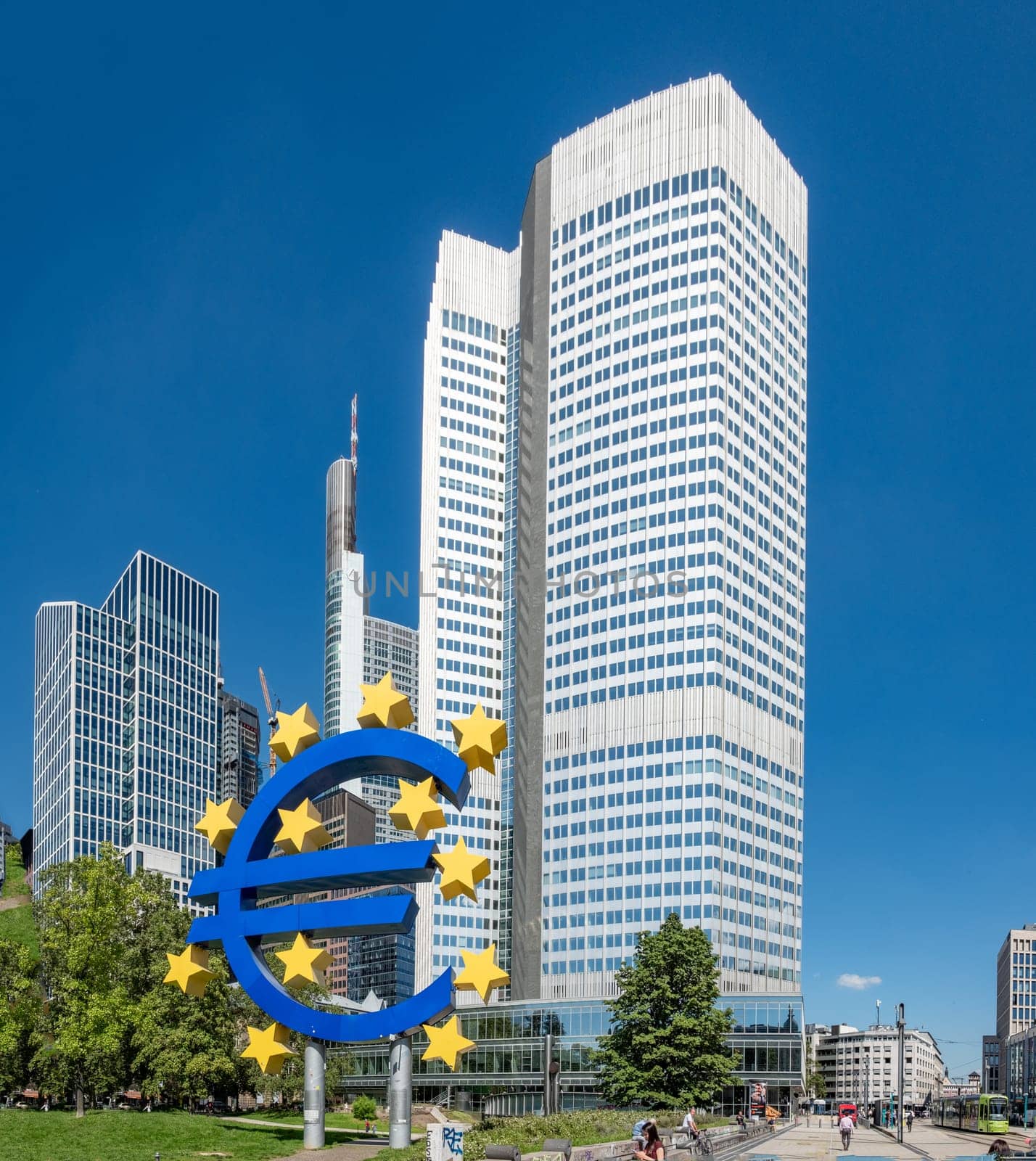 Frankfurt am Main, Germany - August 10, 2023: The Euro sign by Ottmar Hörl in downtown business center of Frankfurt am Main, Germany.