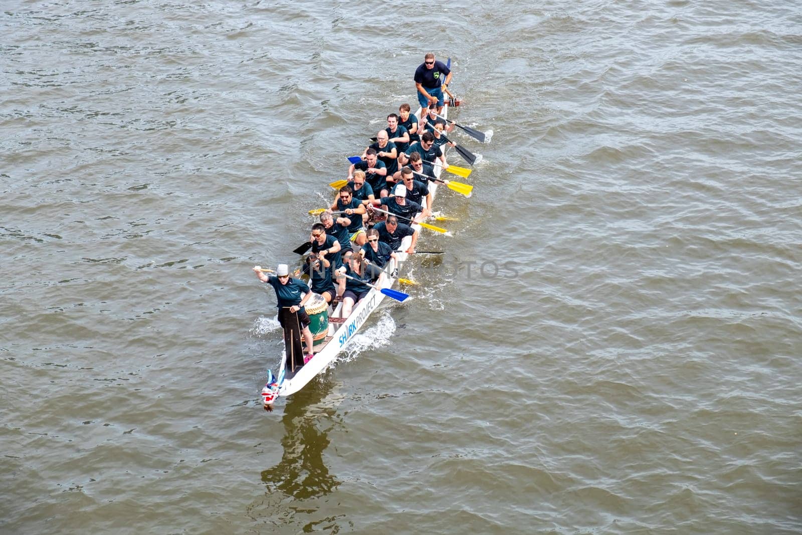 Frankfurt, Germany - August 26, 2023: people have fun visiting the Dragon boat race at the Museumsuferfest - engl: festival of the Museums at the river - in Frankfurt.