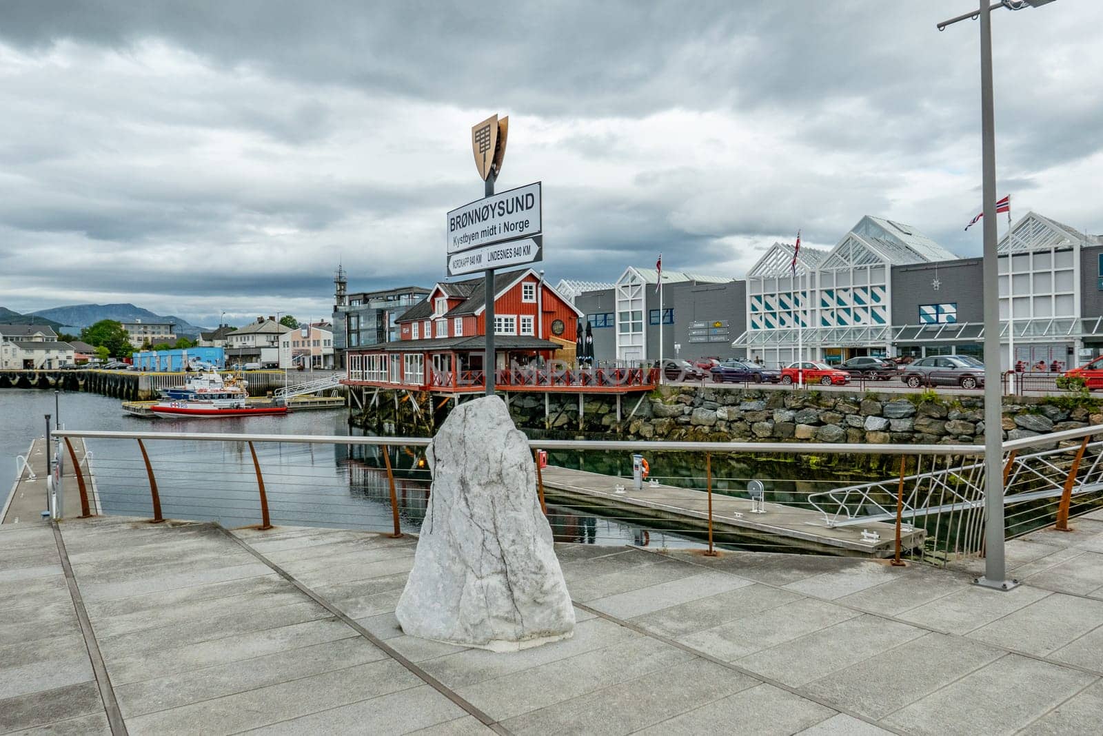 Bronnoysund, Norway - August 28, 2023: Bronnoysund pier along the water, Norwegian coast Sor-Helgeland, Helegland, Nordland, Norway.