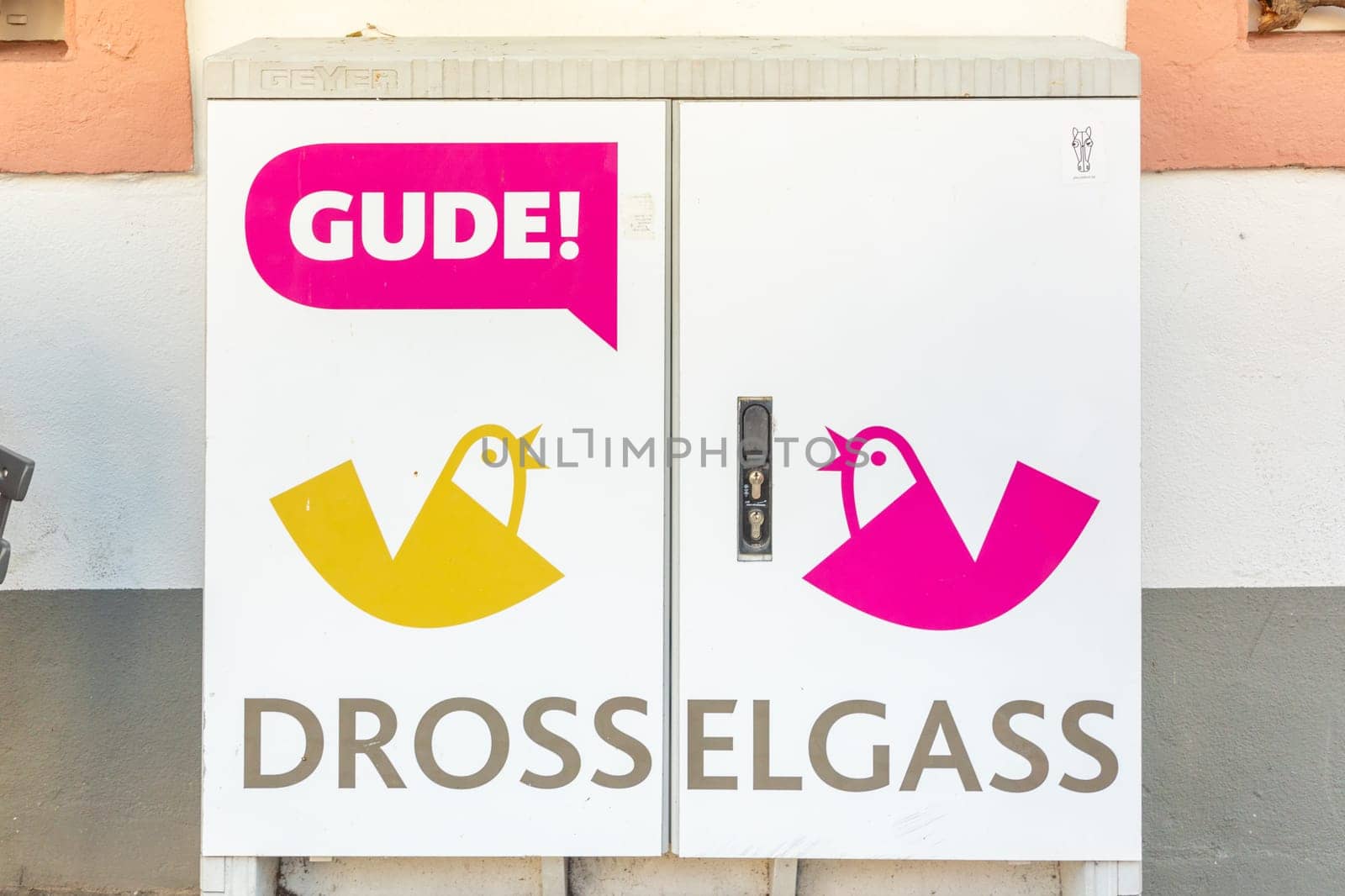 Ruedesheim, Germany - September 10, 2023: Drosselgasse lane and sign in Ruedesheim at the middle Rhine.