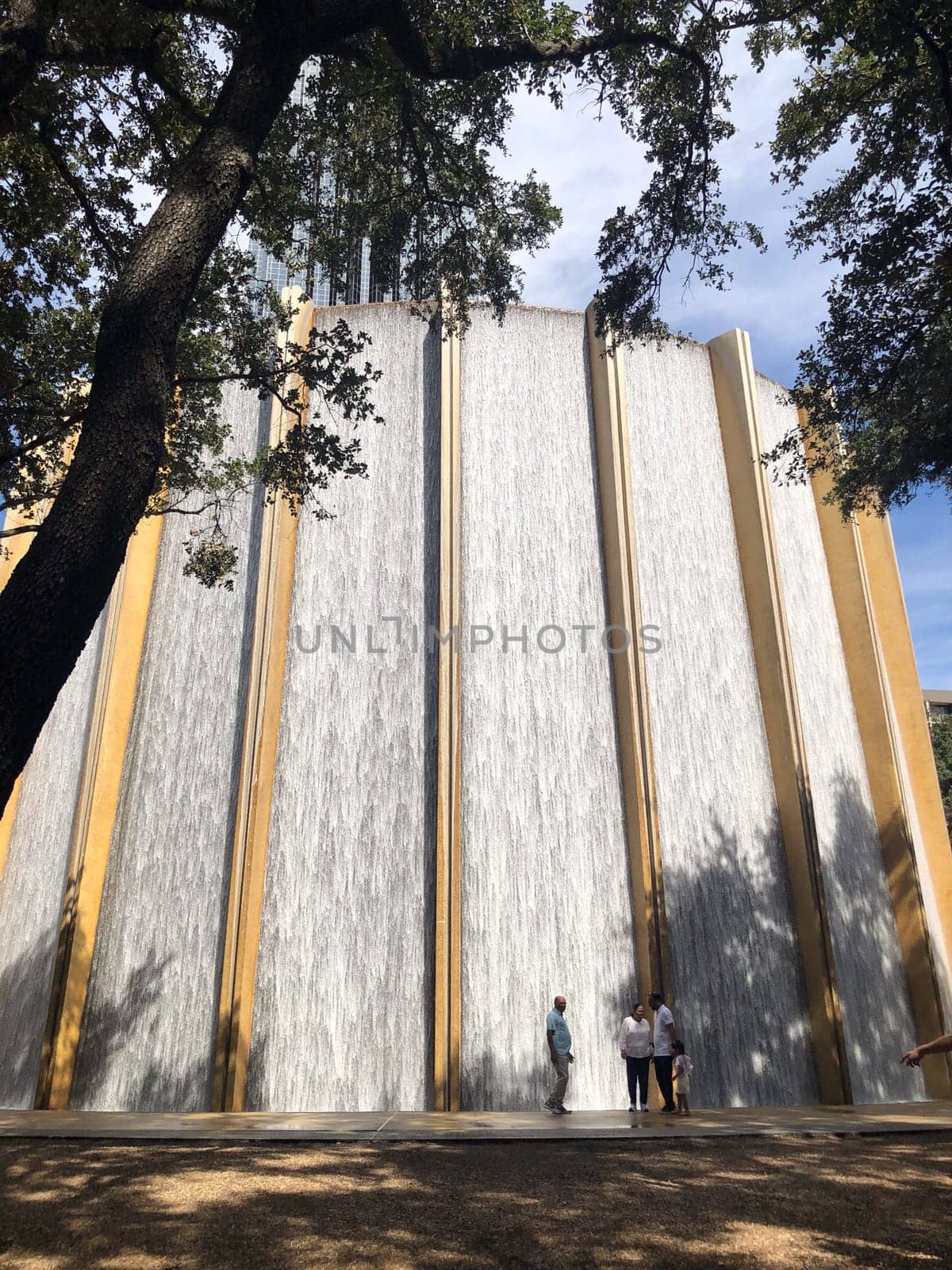 Houston, USA - October 21, 2023: scenic water wall in Houston  built in 1985 with 11000 Gallons water per minute with reminiscent of an ancient roman theater stage.
