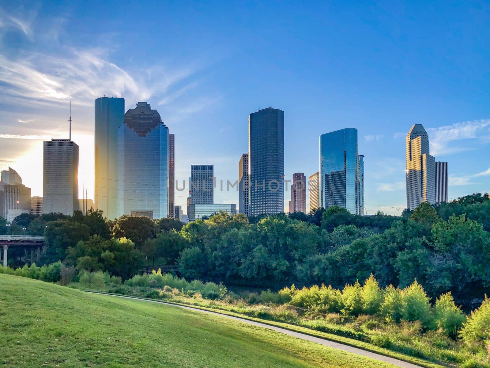 Houston, USA - November 1, 2023: skyline of Housdon under blue sky.