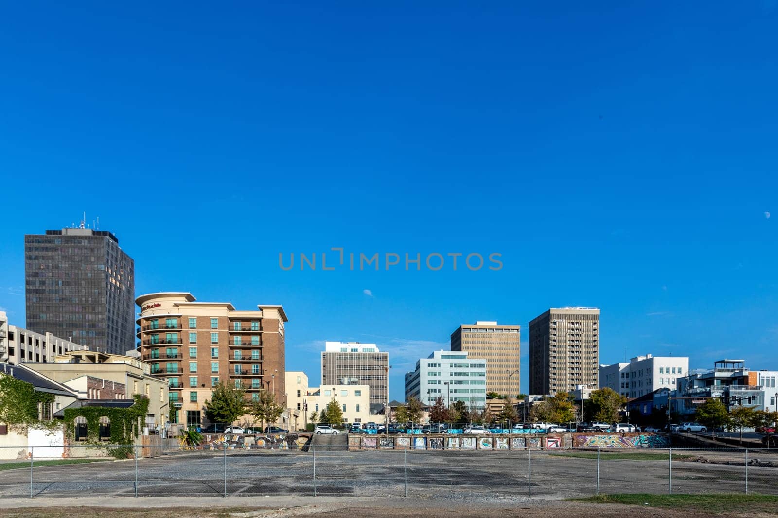Baton Rouge, USA - October 23, 2023: downtown view in Baton Rouge at skyline and old abandoned parking lot.