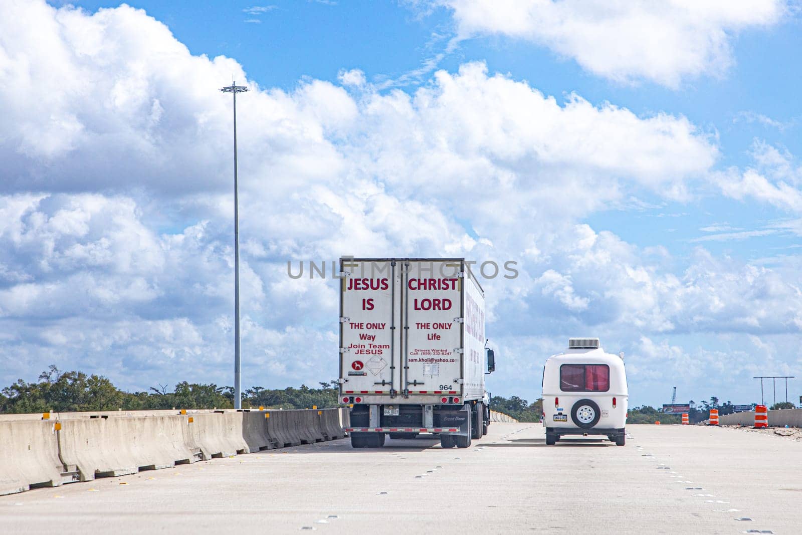 Lkae Charles, USA - October 23, 2023: truck with message Jesus Christ is Lord on his truck at the highway in Louisiana, USA.