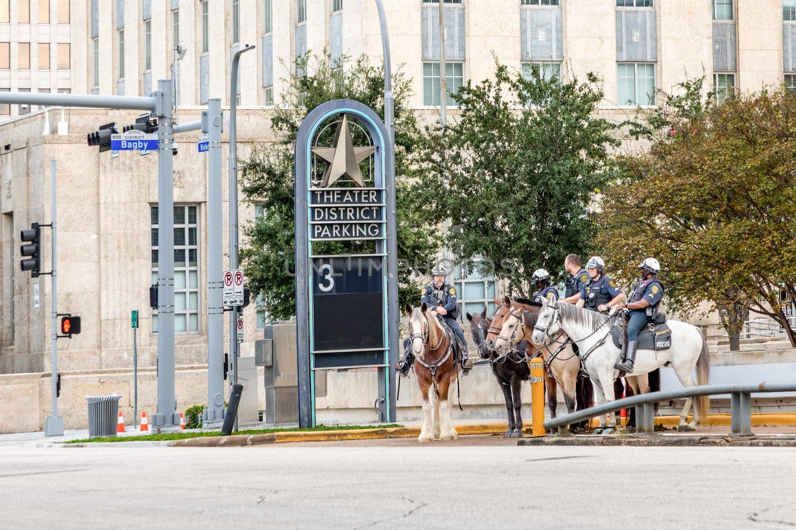 Houston, USA - October 20, 2023: houston police men at horses are.ready to protect the demonstration against violence.