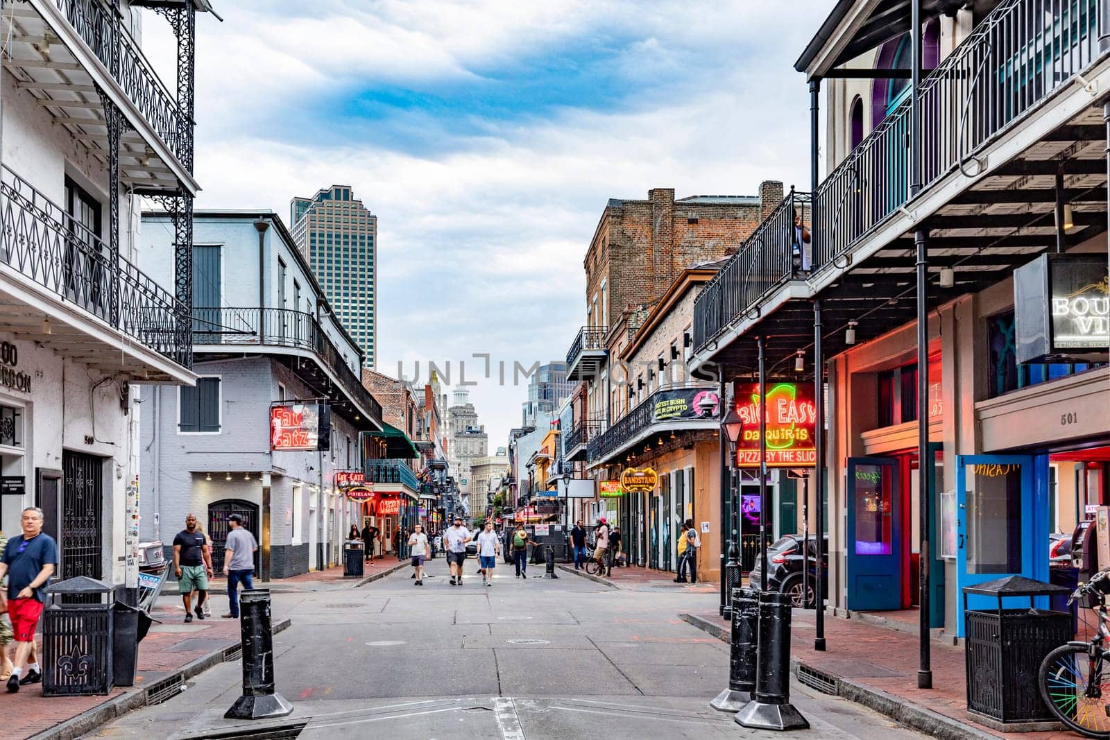 New Orleans, USA - October 24, 2023: Pubs and bars with neon lights in the French Quarter, downtown New Orleans.