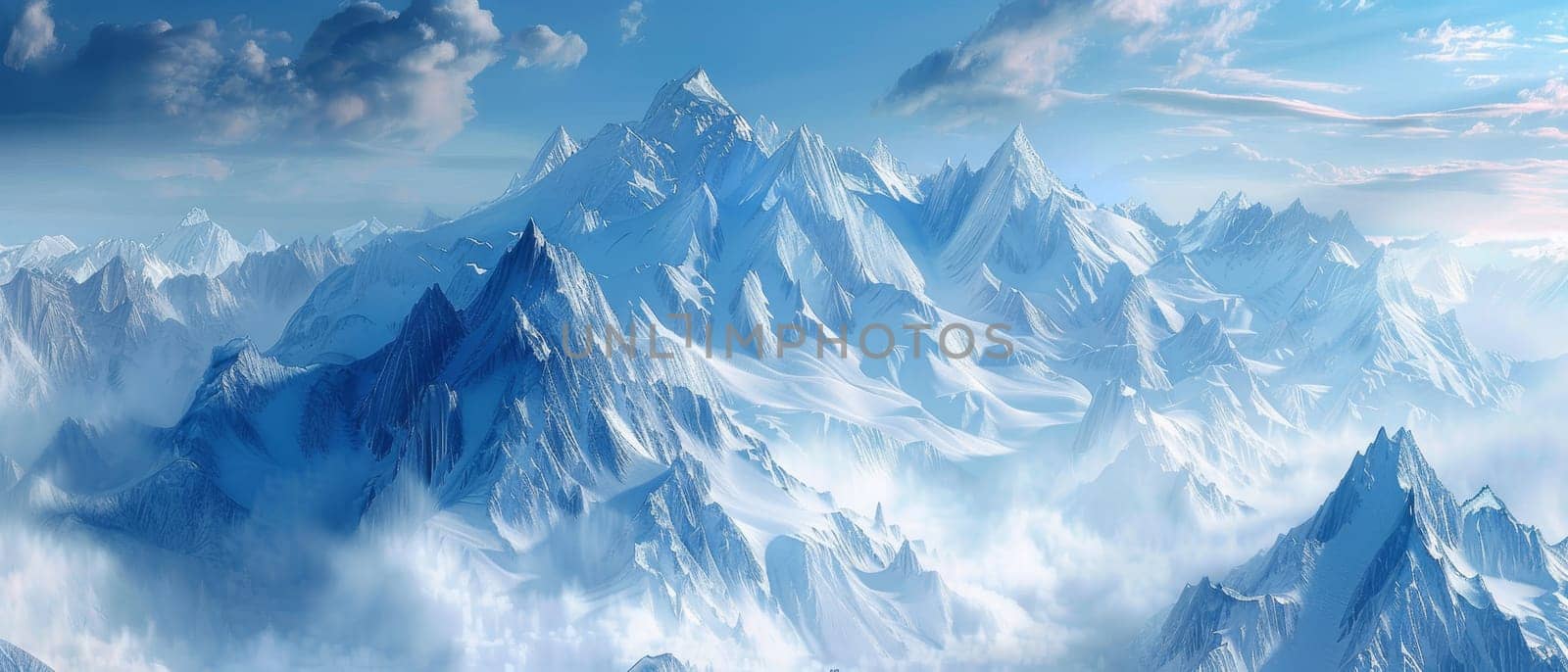 An awe-inspiring panoramic view of towering mountains blanketed in snow under a serene blue sky. The play of light and shadow accentuates the rugged textures of the peaks