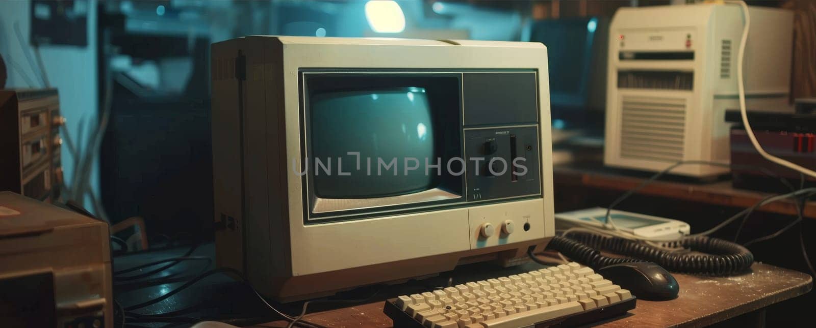 A classic computer setup illuminates a nostalgic office scene, complete with vintage peripherals and a warm glow. It's a tribute to the early days of personal computing