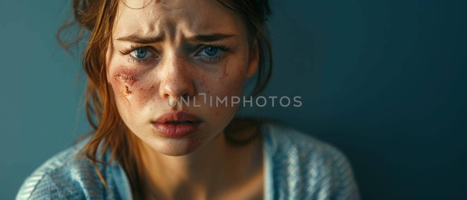 A young woman looks forlorn, her face marred by scars and bruises, a testament to her silent endurance of domestic abuse