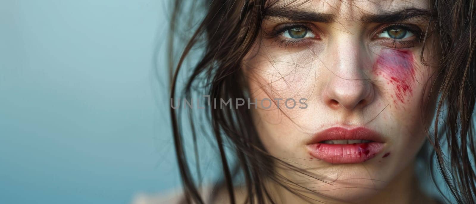 A close-up portrait captures the intense gaze of a woman with a bruised cheek. Her expression is one of strength despite the visible signs of abuse