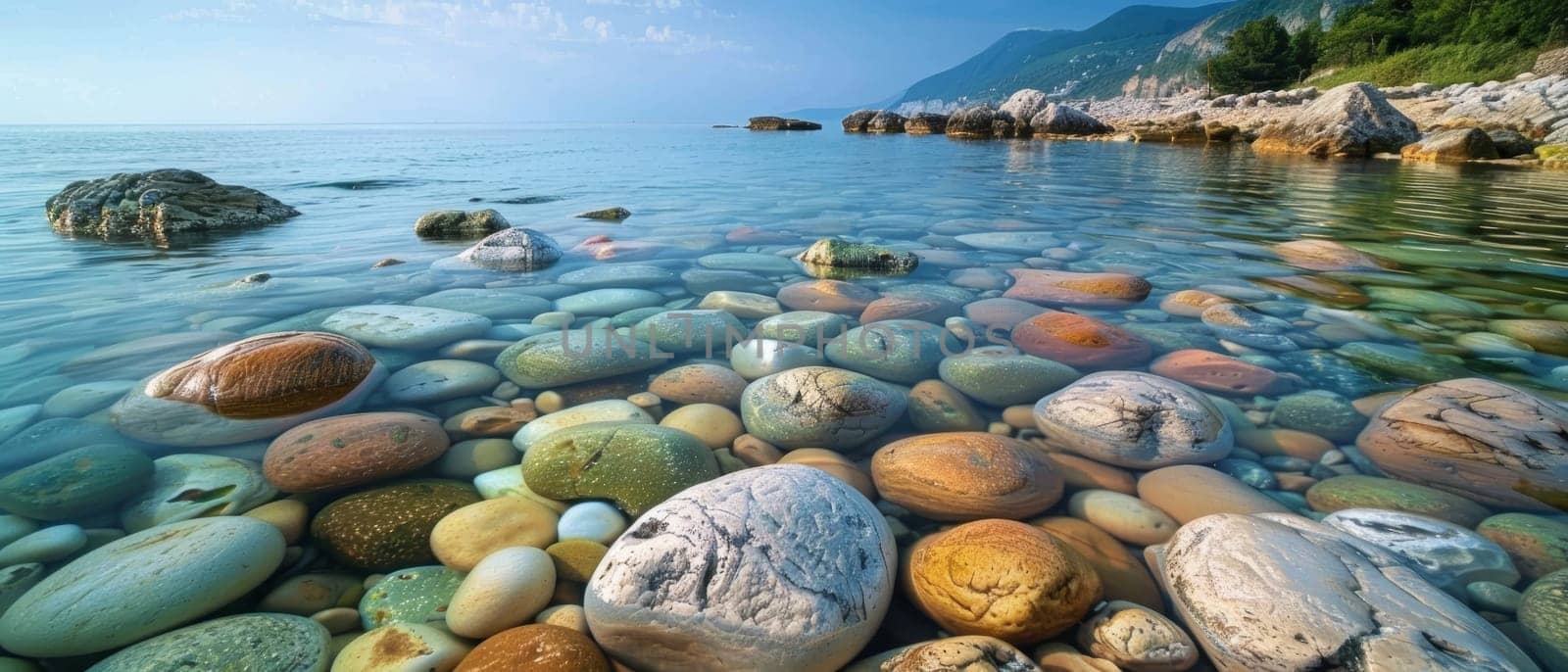 A panoramic view of a serene beach, where smooth pebbles lie beneath crystal-clear waters, bordered by rugged cliffs under a serene sky. The scene is a natural mosaic of earth's elements