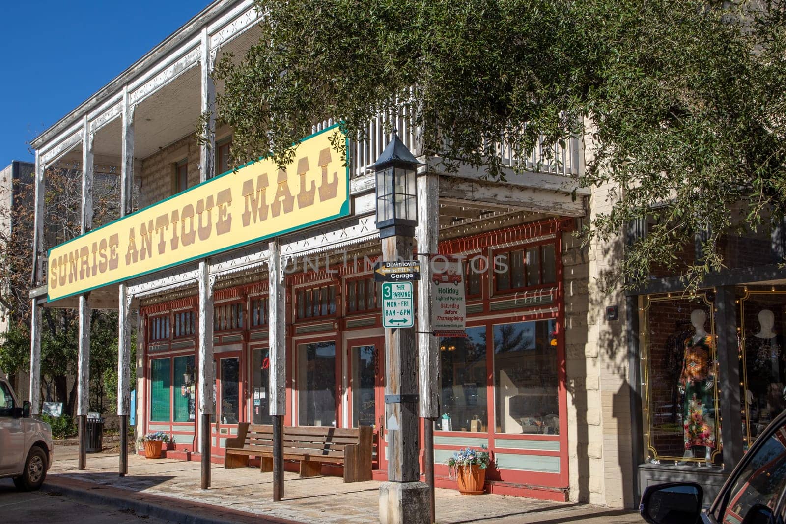 Kerrville, USA - November 1, 2023: old historic western house with balcony and historic decoration in Kerrville, Texas, USA.