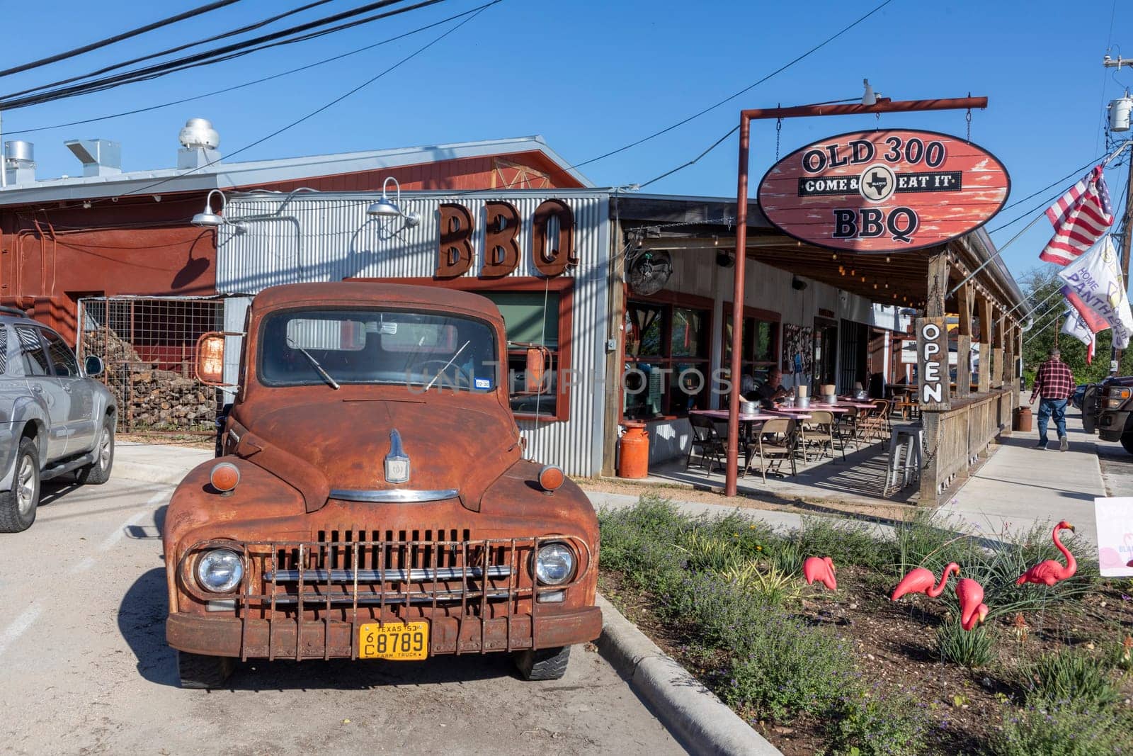 Blanco, Texas - November 2, 2023: old rusty collectors car at the street in Blanco, Texas.