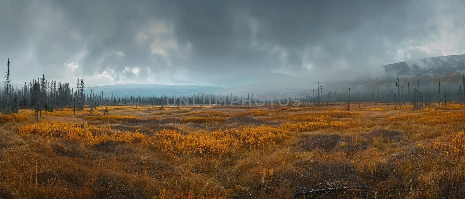 Golden fields under a dramatic overcast sky create a striking contrast in this vast landscape, where the beauty of the wilderness stands resilient against the somber weather