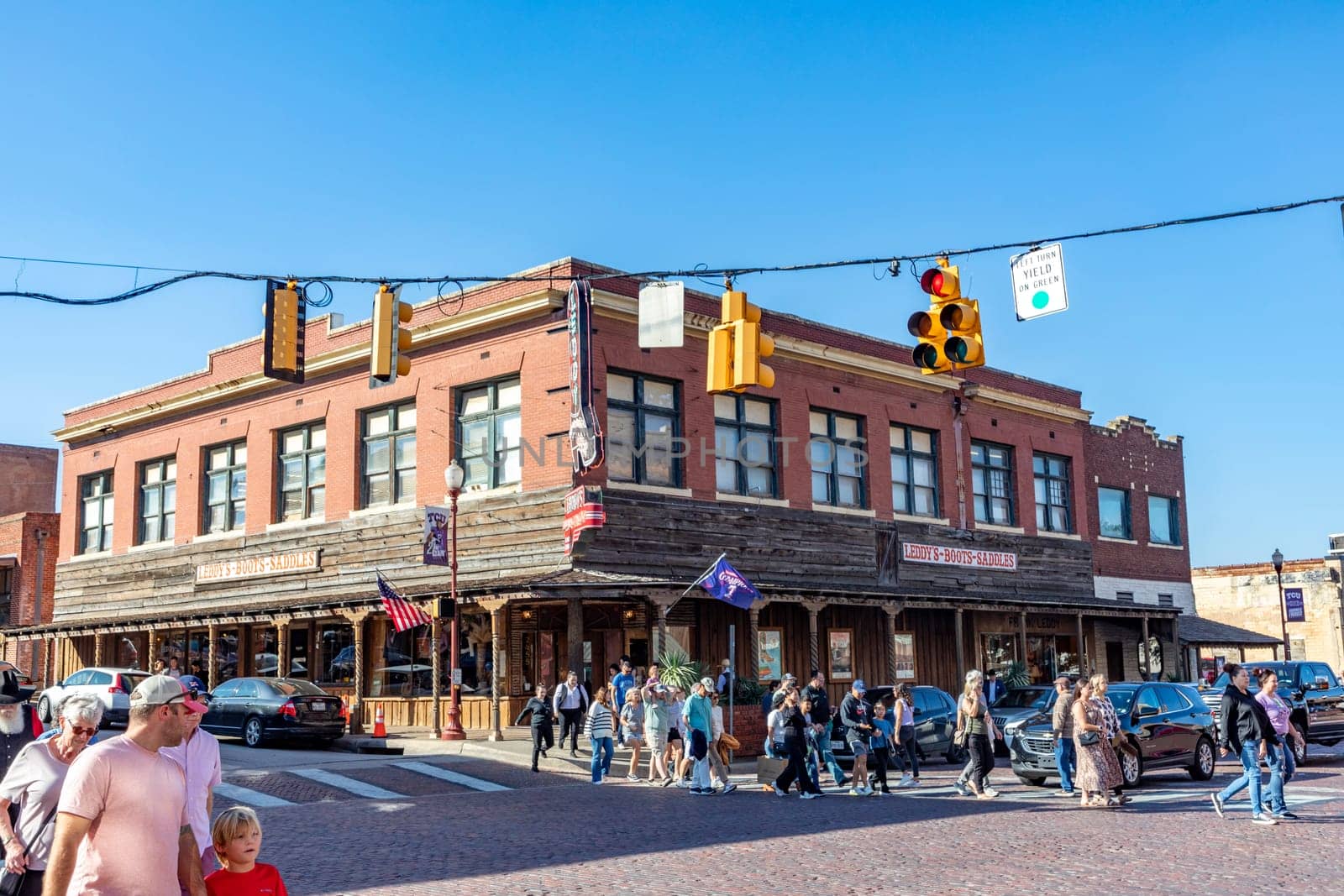 Fort Worth, Texas - November 4, 2023: old brick buildings in Fort Worth at Stockyards, the former cattle market.