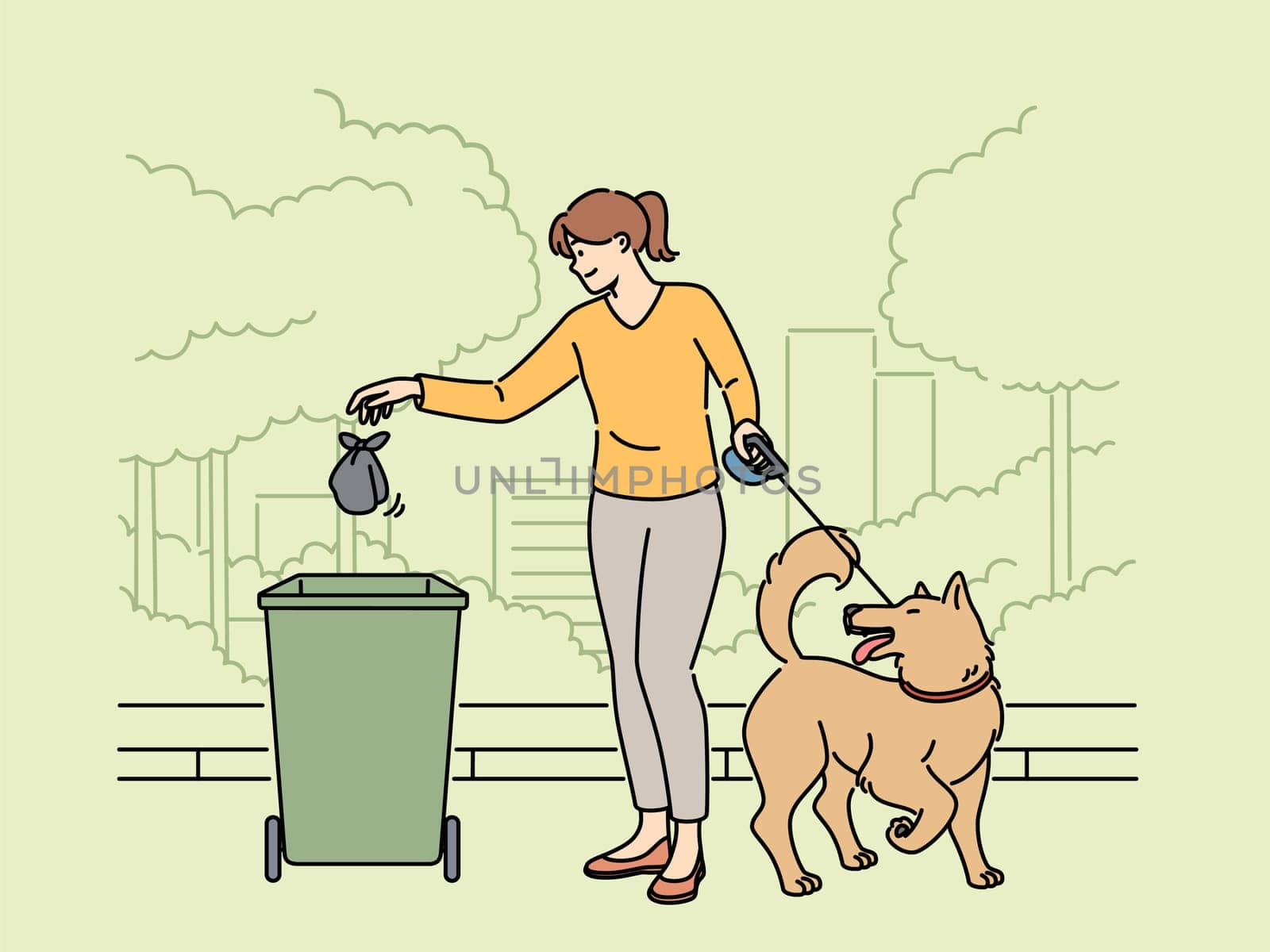 Woman walking dog throws bag of puppy poop into trash can, taking care of cleanliness of park. Smiling girl cleaning up after dog on street, showing responsibility and love for environment