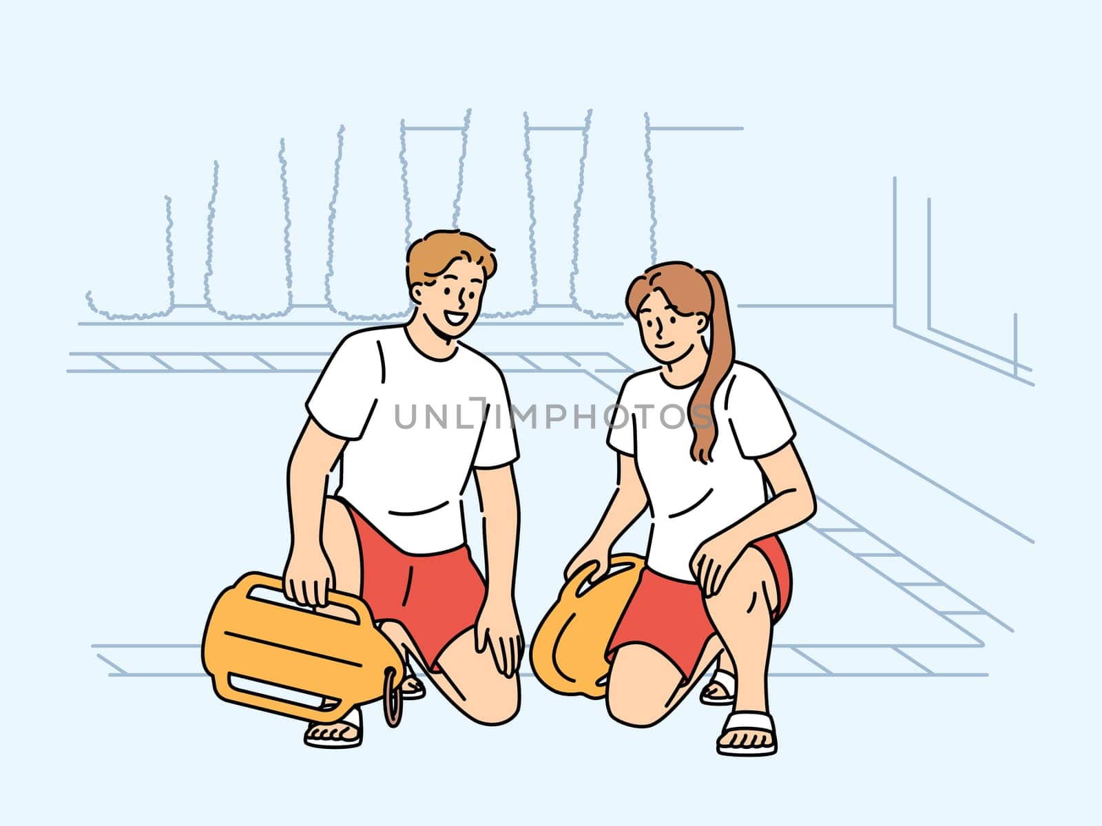 Pair of lifeguards sit by pool at hotel, holding swim training aids and keeping visitors safe. Smiling lifeguards or trainers working in fitness club urging people to visit swimming sports center