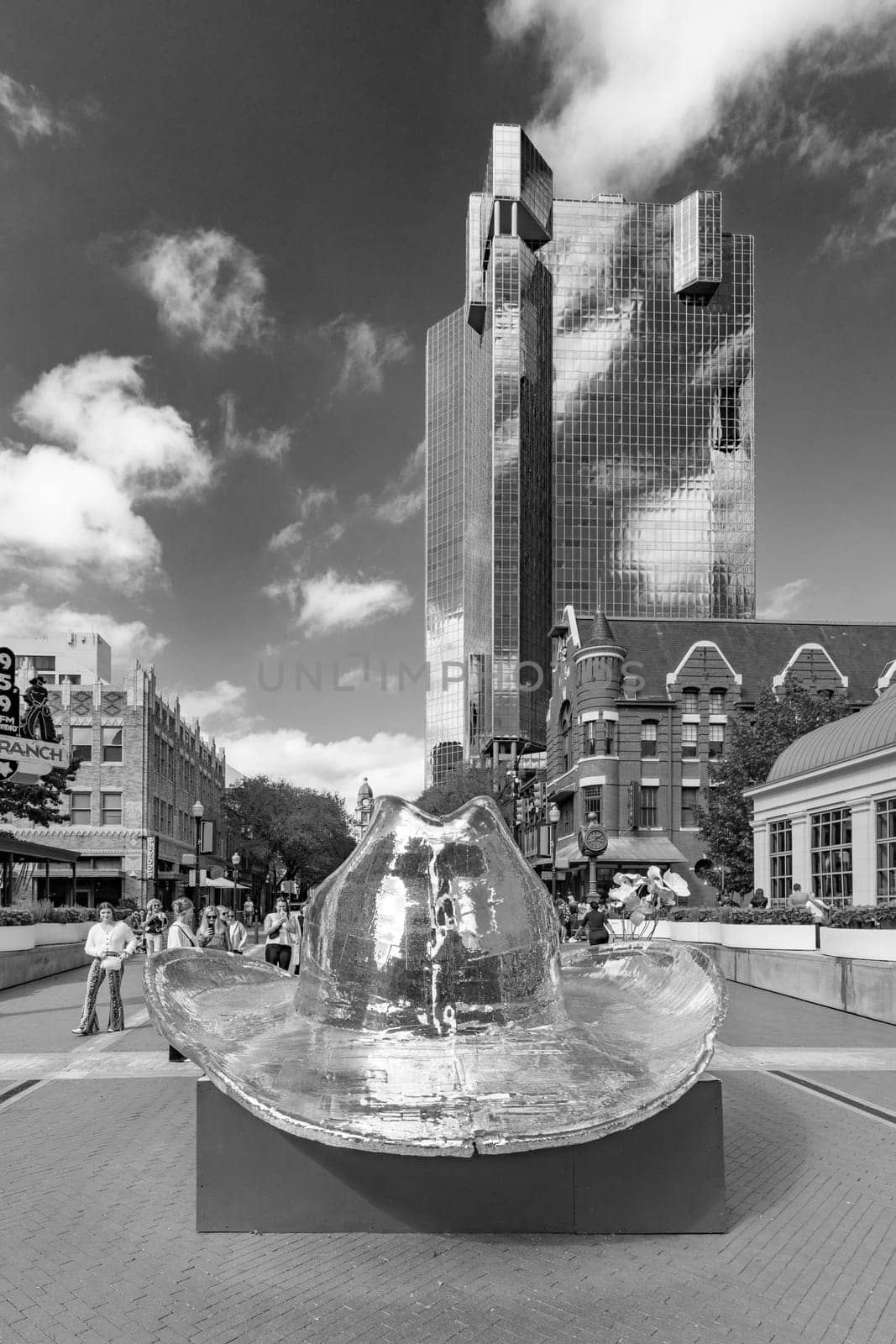 Fort Worth, Texas - November 4, 2023: The Disco Cowboy Hat in Sundance Plaza in Fort Worth at Main street.