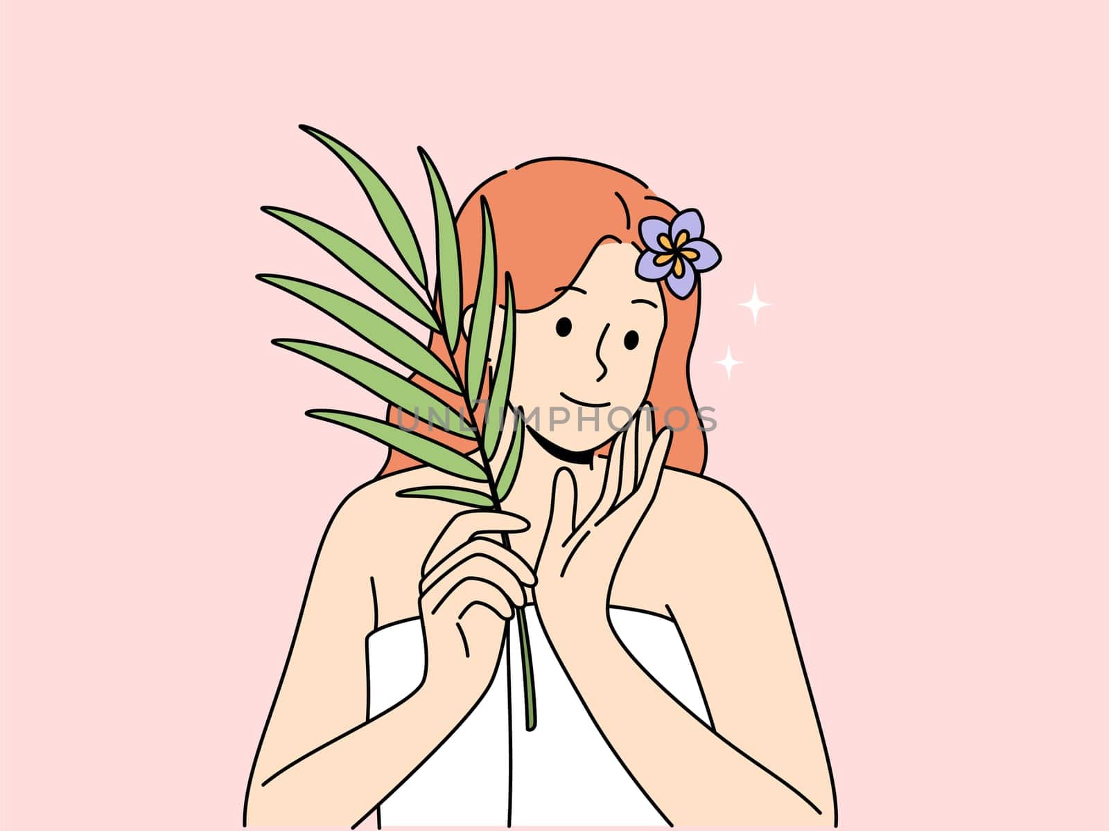 Woman with sprig of medicinal plant used for cosmetic purposes, stands in bath towel and rejoices at effect of using cream. Woman recommends using eco-masks and creams based on organic herbs