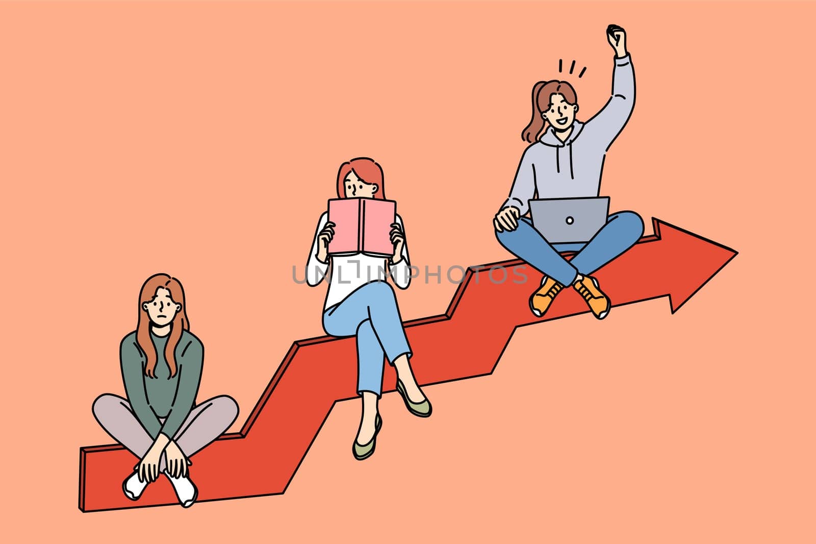 Personal development of woman getting good internet job by reading books, sitting on growing graph. Personal development of person spending free time on education and gaining new knowledge