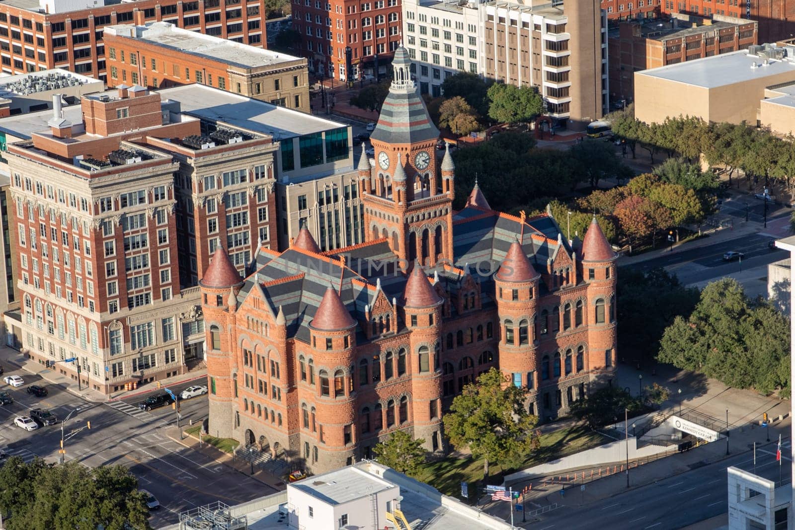 Dallas, USA - November 7, 2023: scenic skyline wit Dallas County Courthouse in late afternoon in Dallas, Texas
