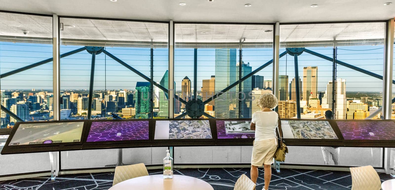 Dallas, USA - November 6, 2023: people enjoy aerial view from Observation tower to the skyline of Dallas, USA.